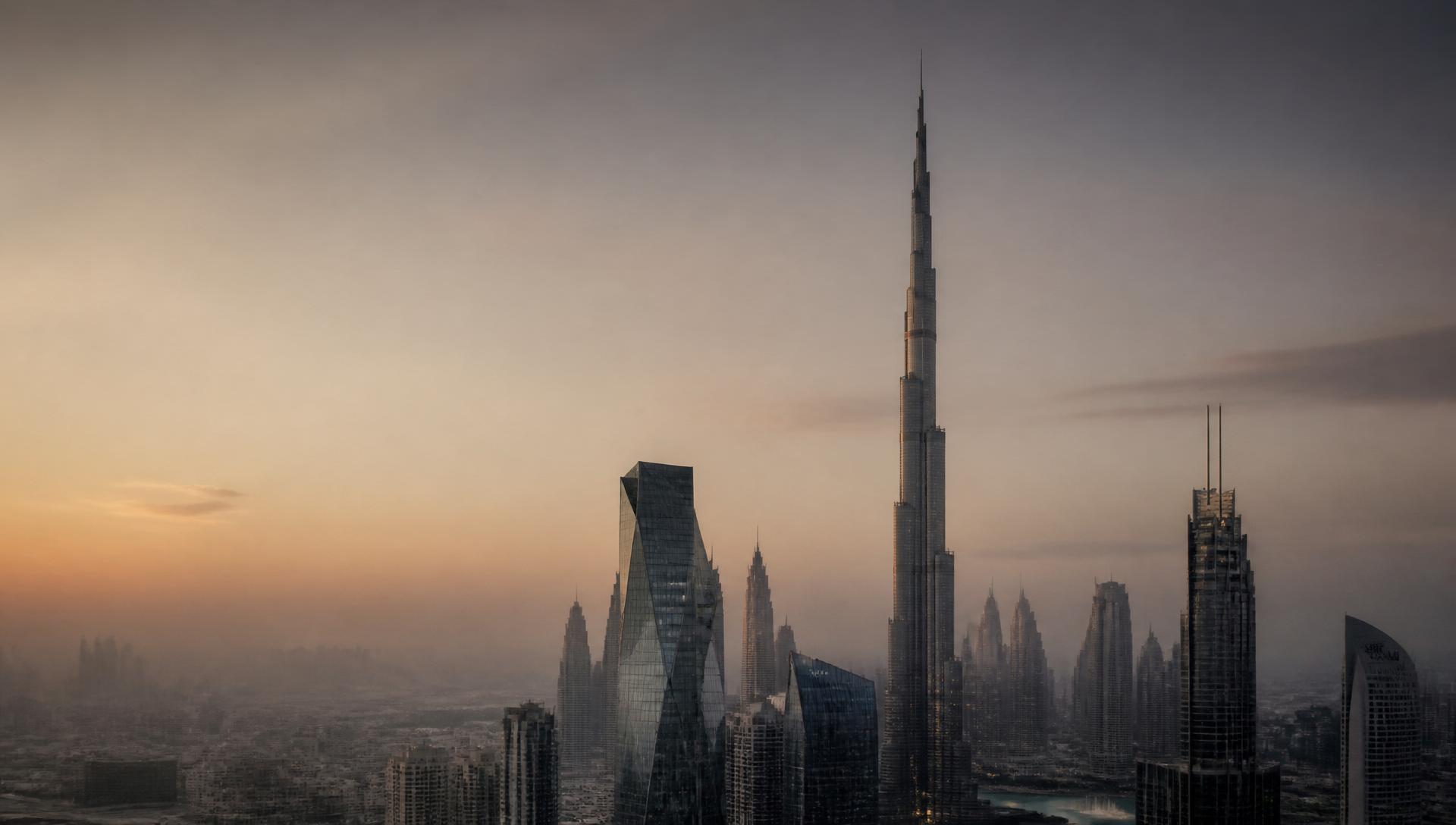 A skyline of the world's most iconic supertall skyscrapers at dusk